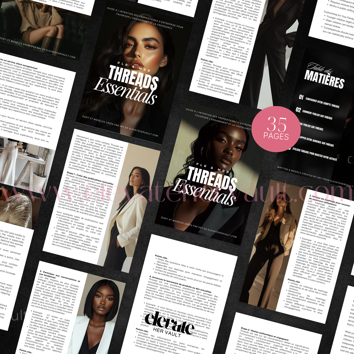 Collage of magazine pages with 'Threads Essentials' and 'Matières' branding.