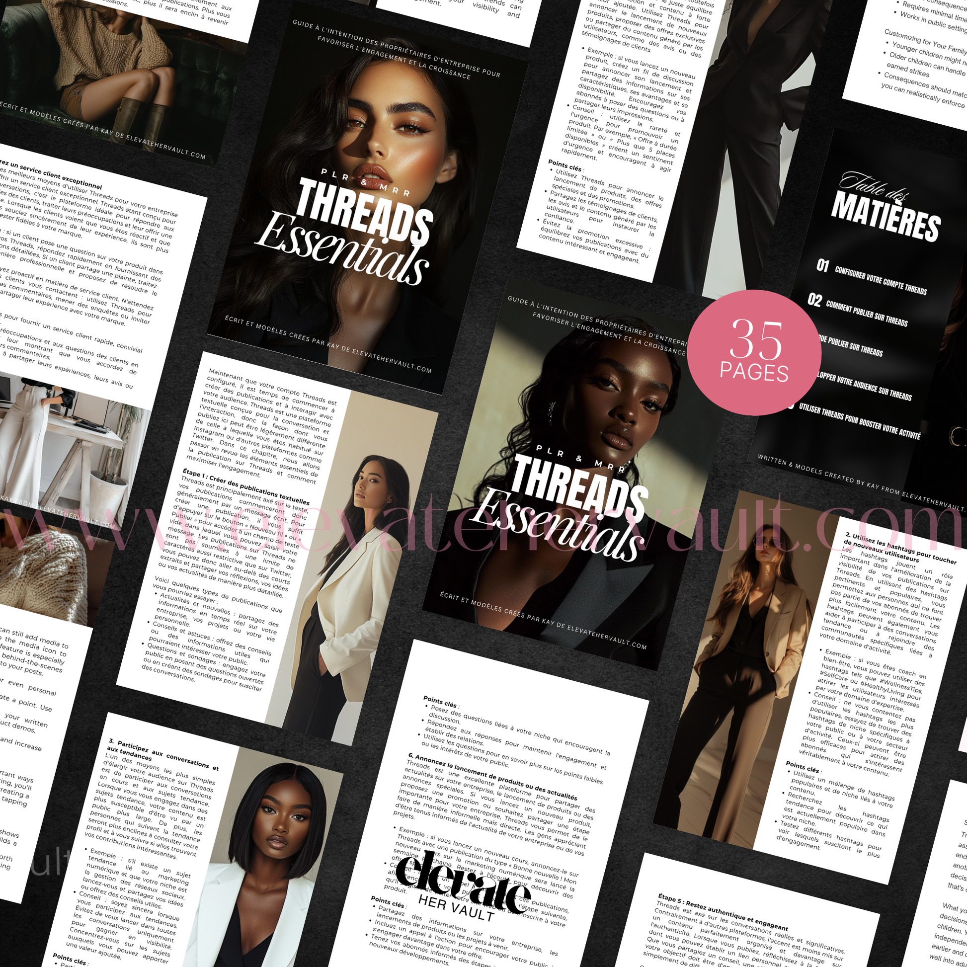Collage of magazine pages with 'Threads Essentials' and 'Matières' branding.