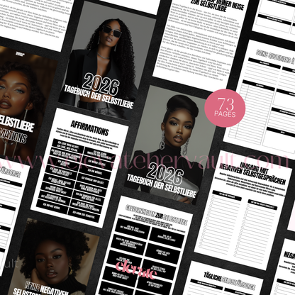 Collage of pages from a self-love journal with text and images of a woman. www.elevatehervault.com