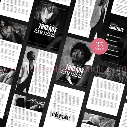 Flatlay of open Threads Essentials eBook pages, showcasing styled models and PLR/branding education visuals from the 35-page business guide. www.elevatehervault.com