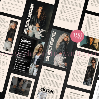 Collage of pages from a book titled 'Side Hustle Kickstart' with images of a woman and text.