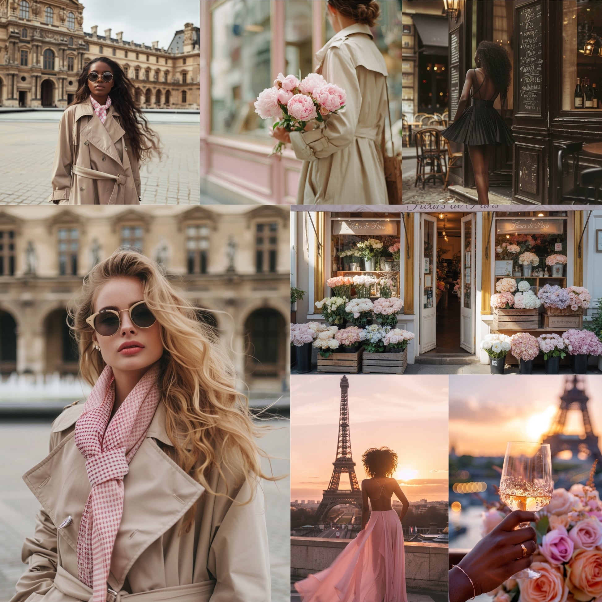 Collage of a woman in a trench coat with scenes of a city, flowers, and the Eiffel Tower. www.elevatehervault.com