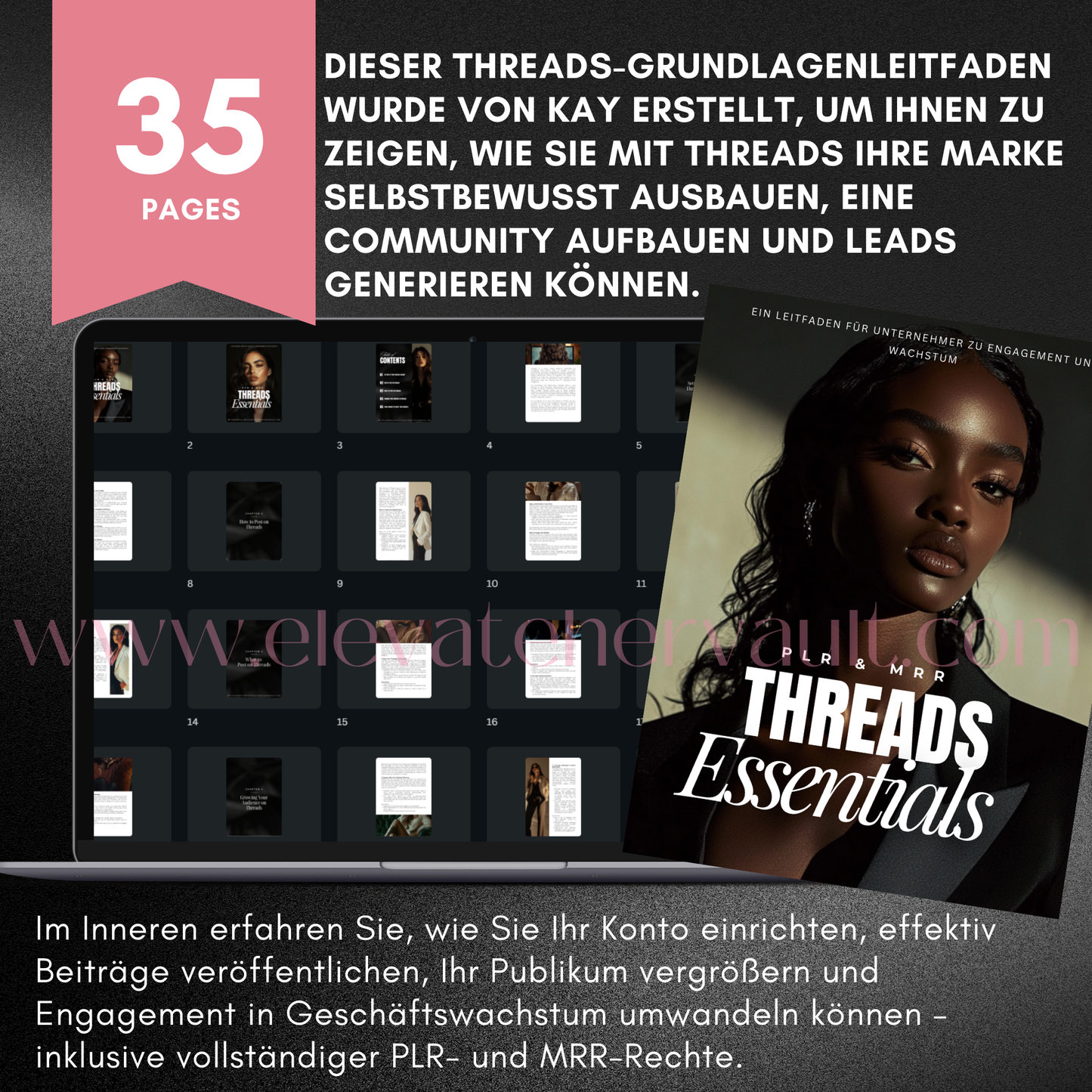 Promotional graphic for 'Threads Essentials' with text and images of a woman and a laptop screen. www.elevatehervault.com