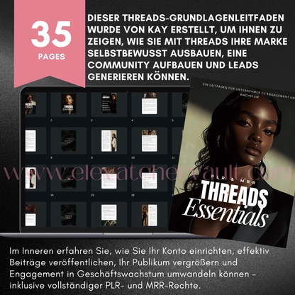 Promotional graphic for 'Threads Essentials' with text and images of a woman and a laptop screen. www.elevatehervault.com