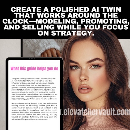Woman with a tablet displaying a guide on creating an AI twin for modeling and selling.