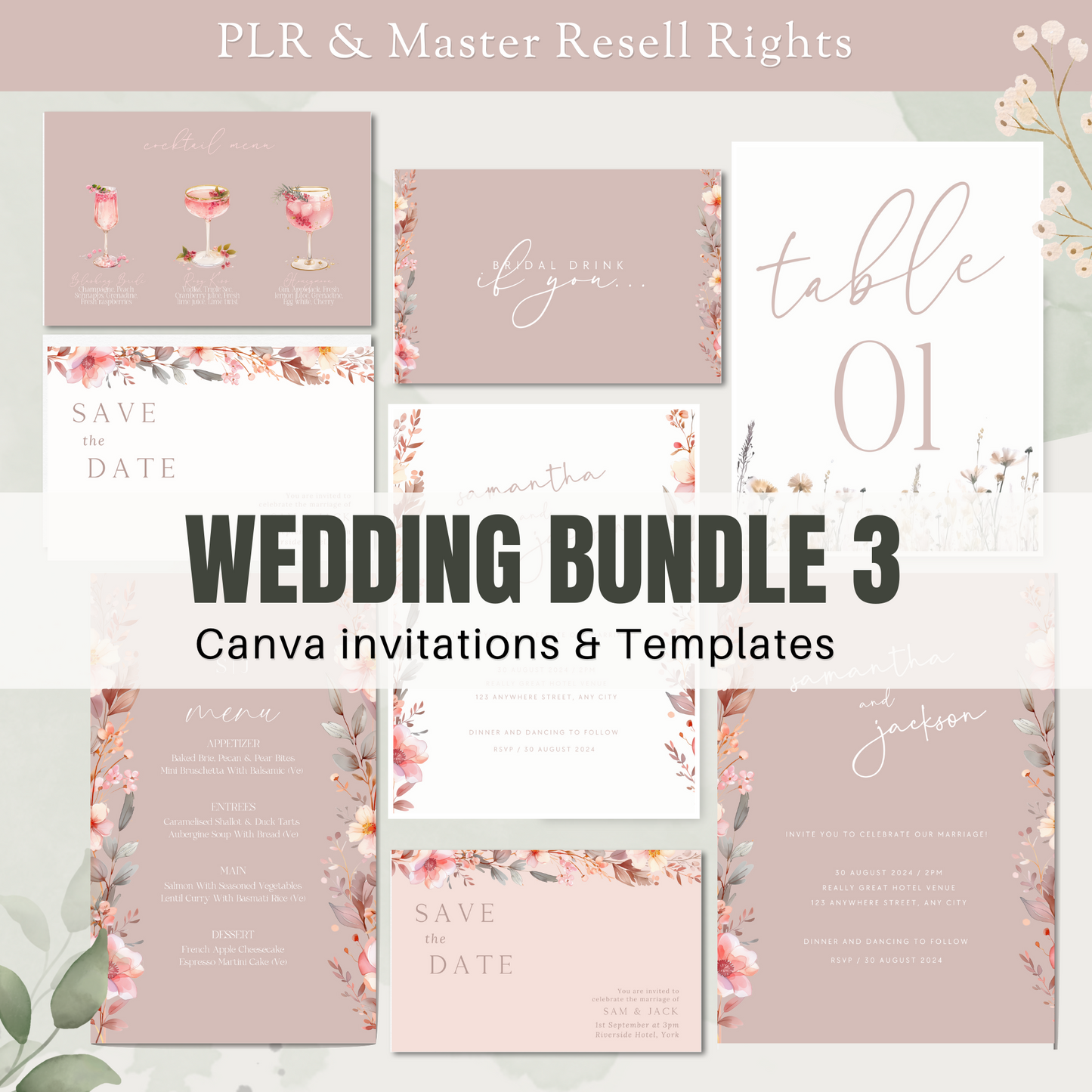 Collage of wedding invitations and templates with floral designs on a light background. www.elevatehervault.com