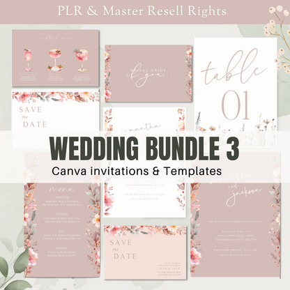 Collage of wedding invitations and templates with floral designs on a light background. www.elevatehervault.com