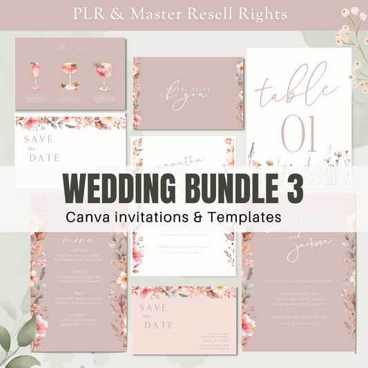 Collage of wedding invitations and templates with floral designs on a light background. www.elevatehervault.com