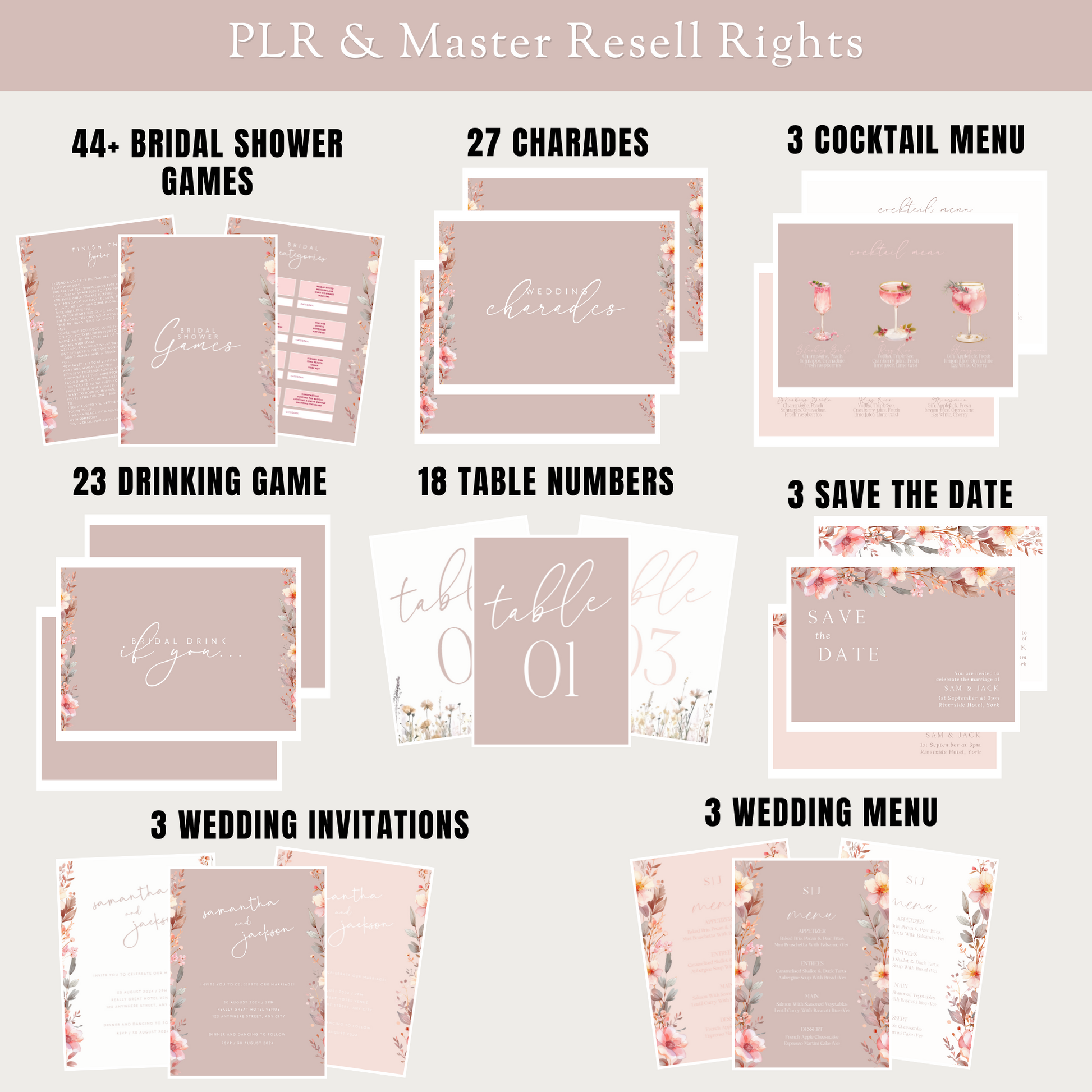 Collection of wedding planning materials with various templates on a light background. www.elevatehervault.com