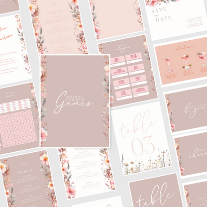 Collage of wedding and bridal shower invitations with floral designs and text. www.elevatehervault.com