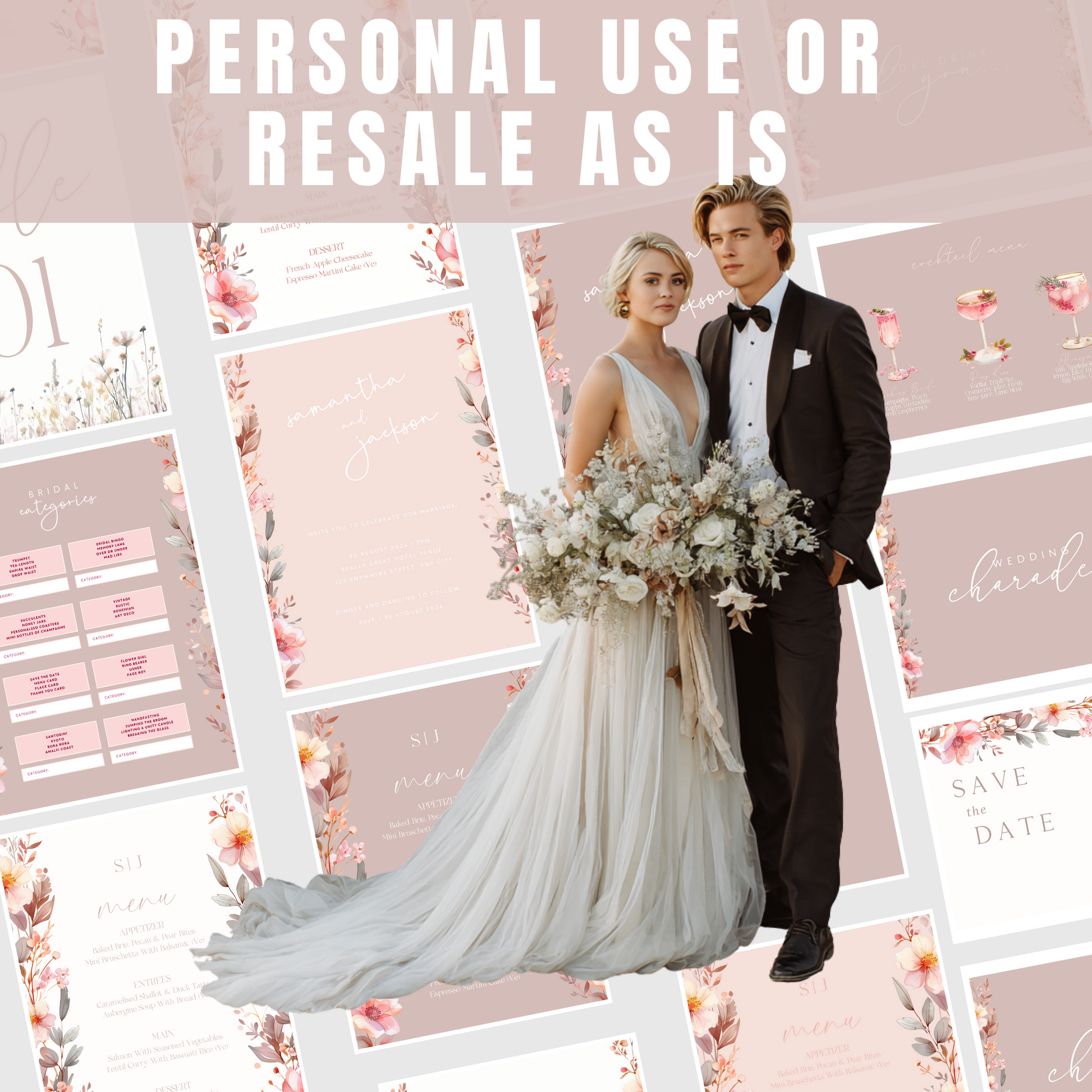 Wedding couple with floral arrangements on a pink background  with text overlay www.elevatehervault.com