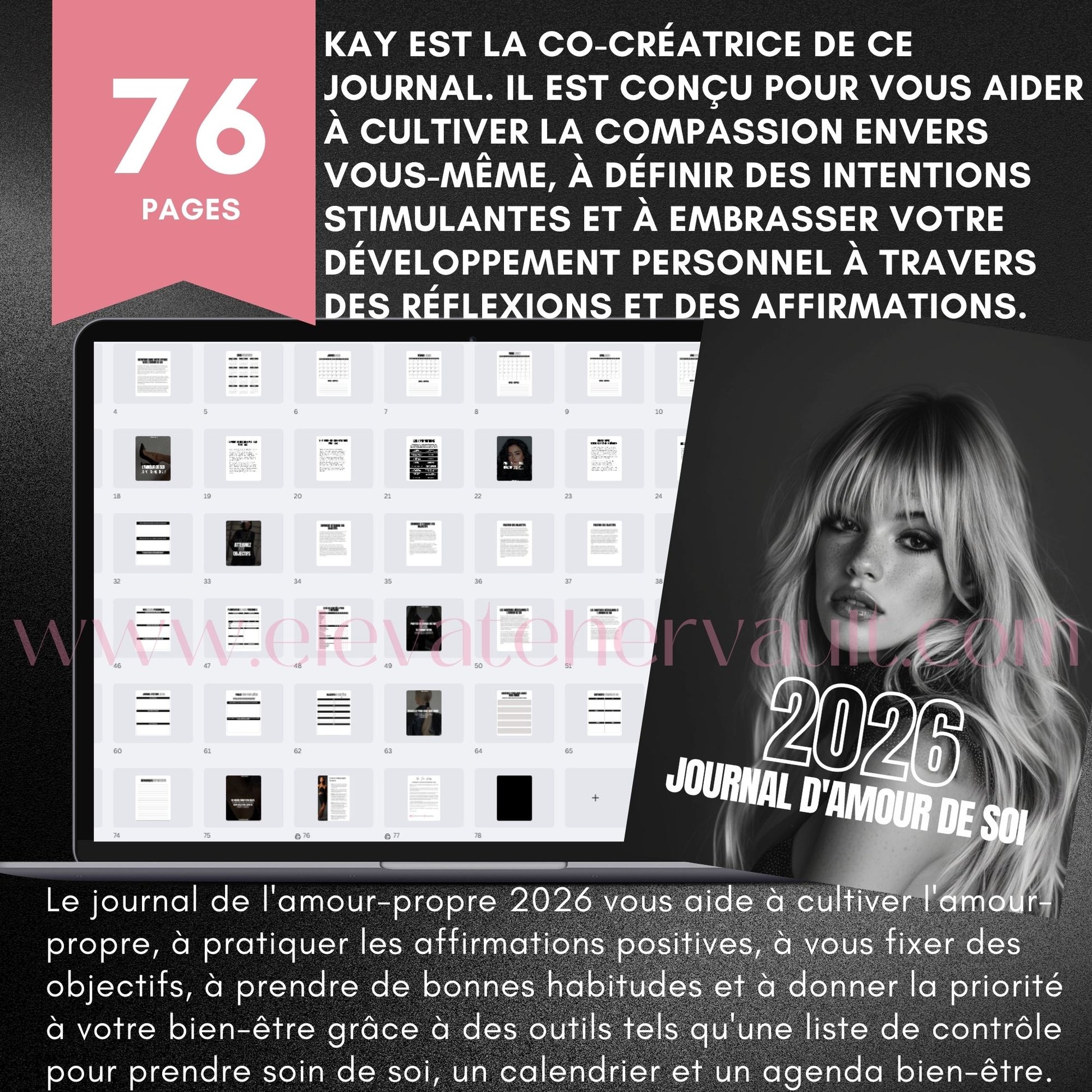 Promotional graphic for a 2026 self-love journal with text and a tablet displaying journal pages.