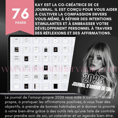 Promotional graphic for a 2026 self-love journal with text and a tablet displaying journal pages.