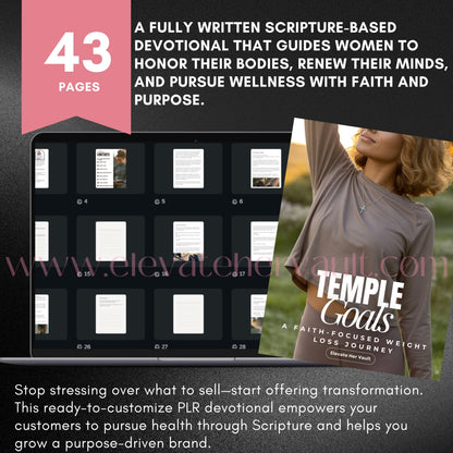 Page overview of 43-page Temple Goals Christian eBook with PLR resale rights. www.elevatehervault.com