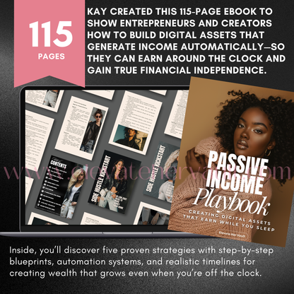 Ebook titled 'Passive Income Playbook' displayed on a laptop with promotional text about its contents. www.elevatehervault.com