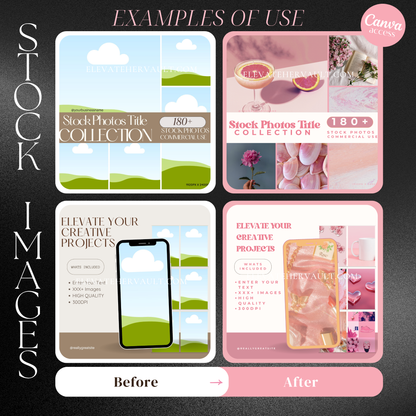 Before-and-after mockup transformation using Canva templates to enhance photo presentation. www.elevatehervault.com