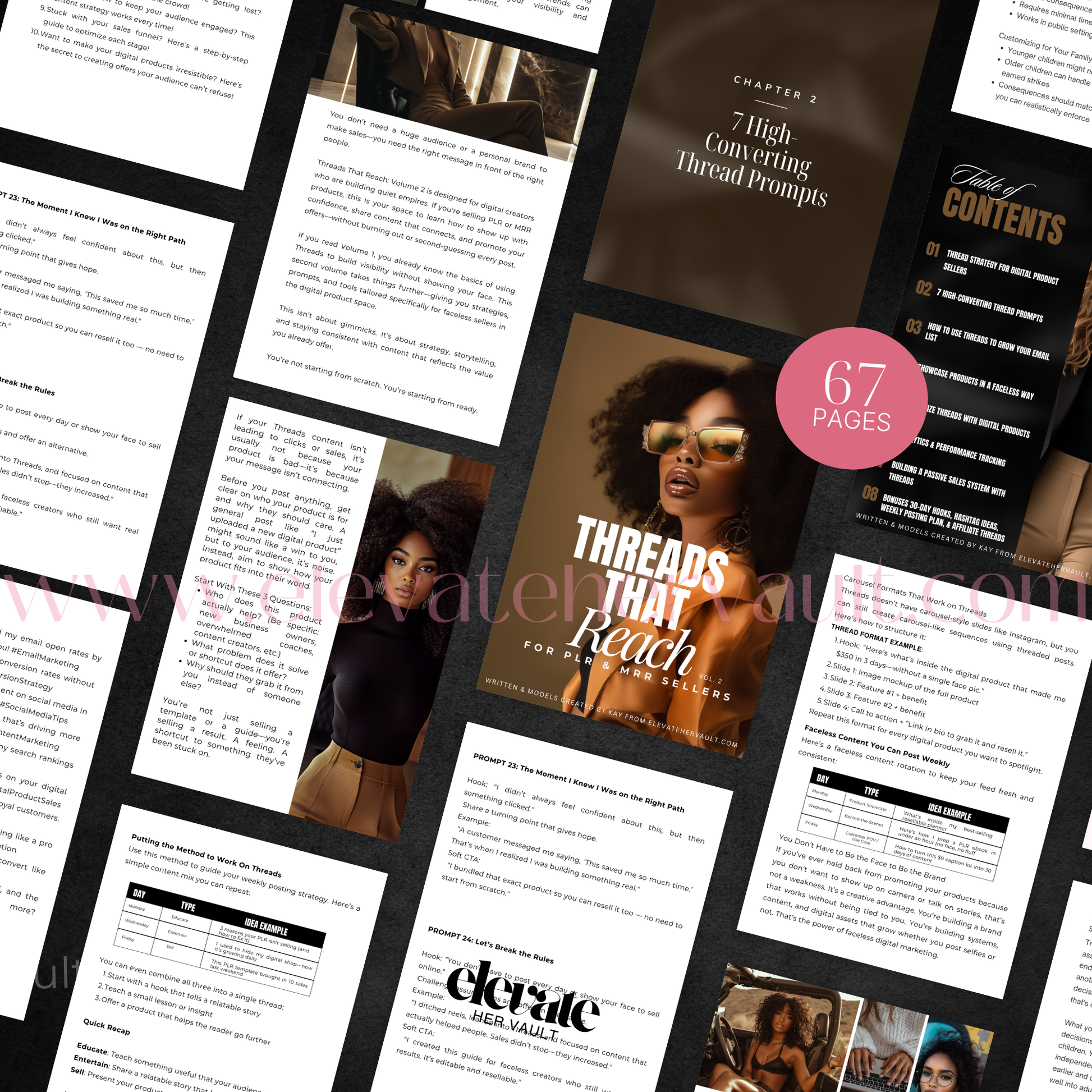 Collage of pages from a book or report with text and images, featuring a woman's face and the title 'Threads That Reach'. https://elevatehervault.com