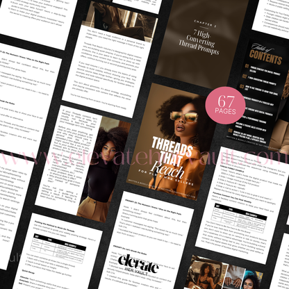 Collage of pages from a book or report with text and images, featuring a woman's face and the title 'Threads That Reach'. https://elevatehervault.com