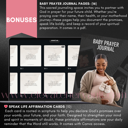 Bonus content showcase featuring printable affirmation cards and a baby prayer journal as additional resources for women of faith. elevatehervault.com