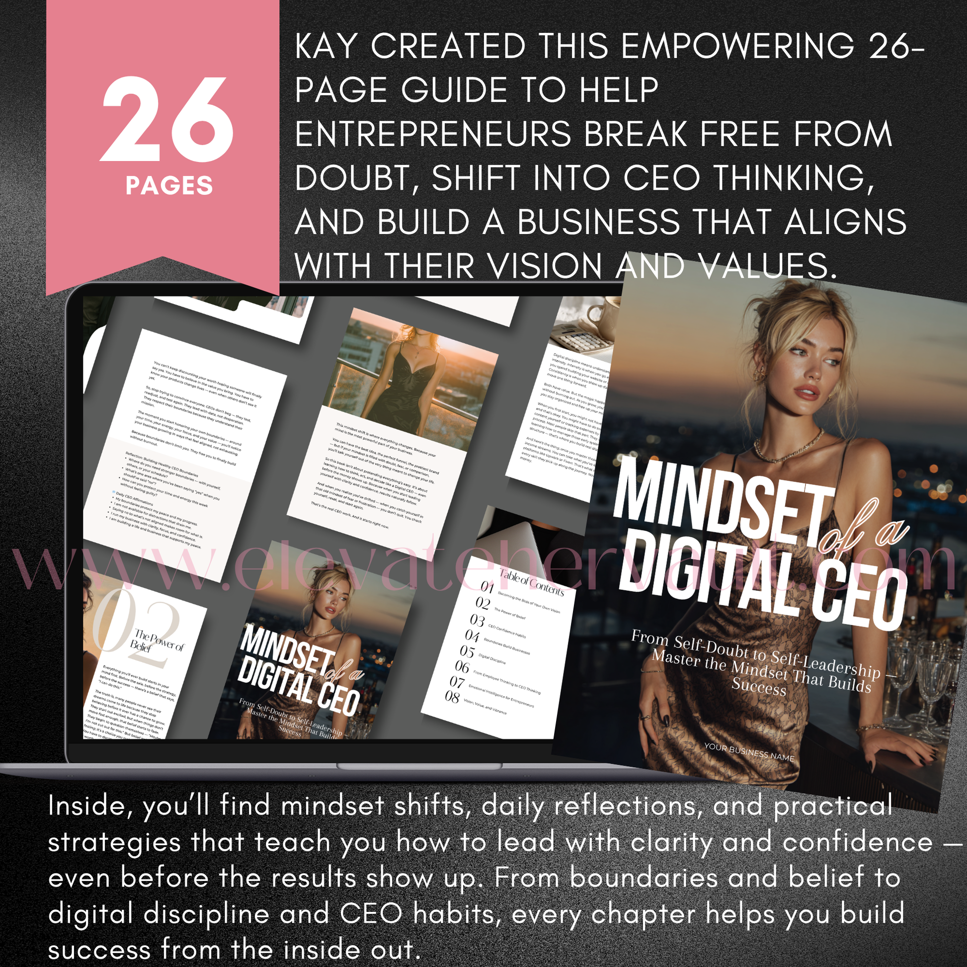 Promotional graphic for 'Mindset of a Digital CEO' guide with tablet displaying pages and woman on beach.