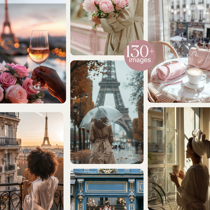 Collage of Paris-themed images including Eiffel Tower, coffee, and romantic scenes. Paris in Her Eyes collection cover — 130+ Paris stock photos — www.elevatehervault.com