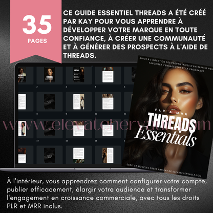 Promotional graphic for 'Threads Essentials' guide with text and images of a woman on a dark background.
