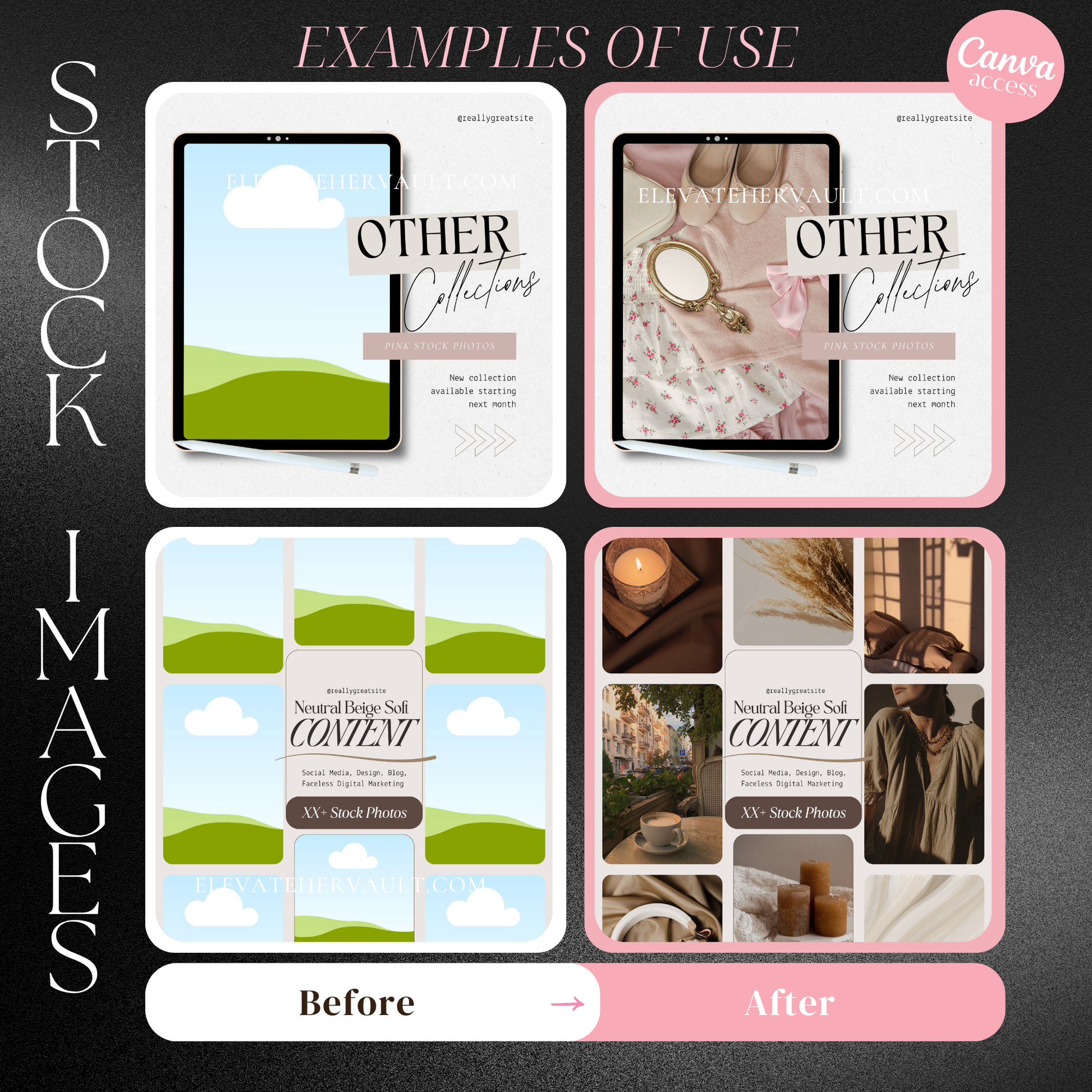 Before and after Canva mockup preview for neutral beige stock image pack – www.elevatehervault.com


