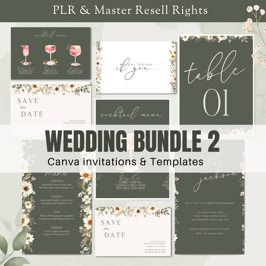 Wedding bundle 2 Canva invitations and templates with floral and text designs on a green background. www.elevatehervault.com