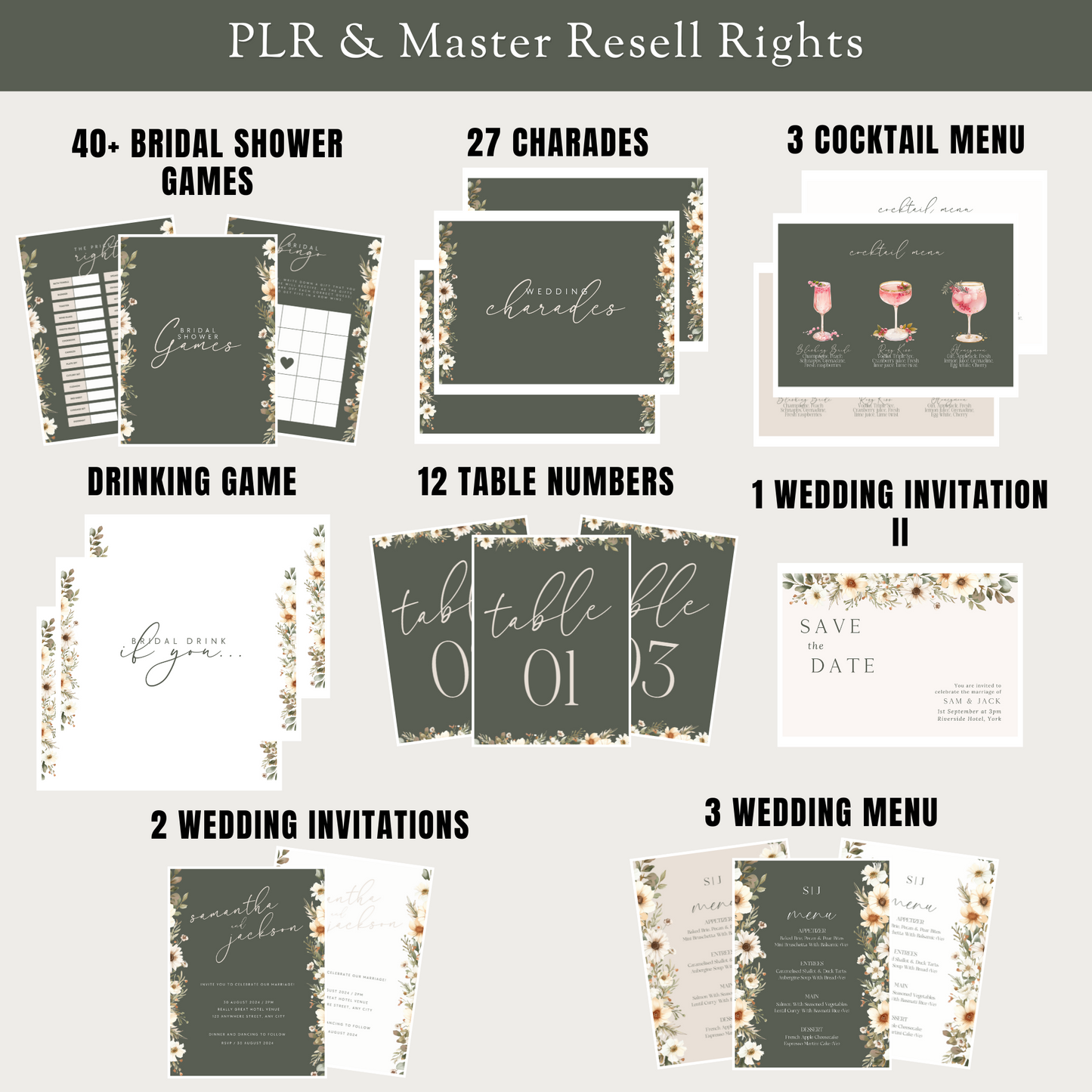 Collection of wedding and bridal shower printables with titles on a white background www.elevatehervault.com