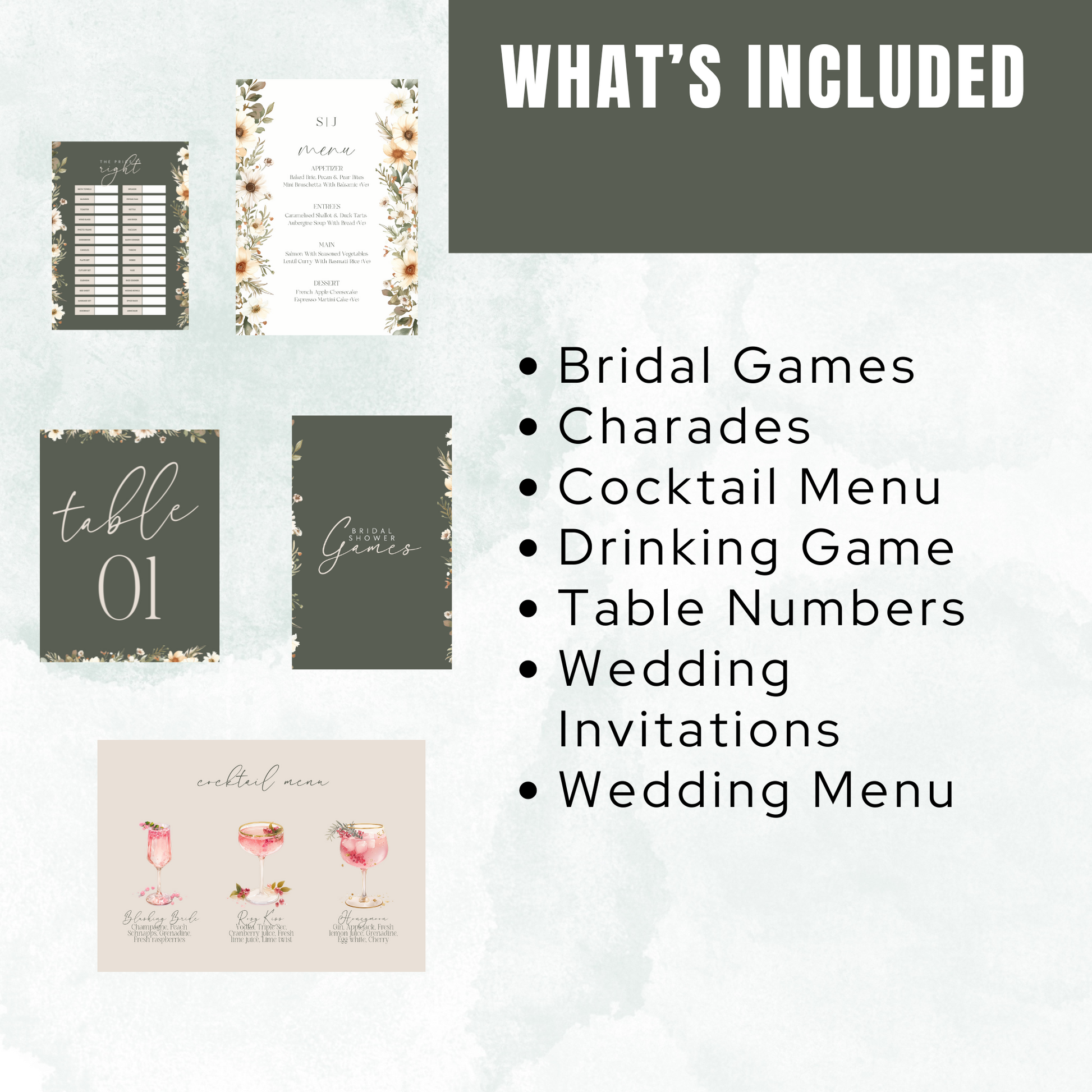 Wedding planning materials including bridal games, charades, cocktail menu, drinking game, table numbers, wedding invitations, and wedding menu on a white background. www.elevatehervault.com