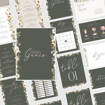 Collection of wedding-related cards and invitations with floral designs on a white background. www.elevatehervault.com