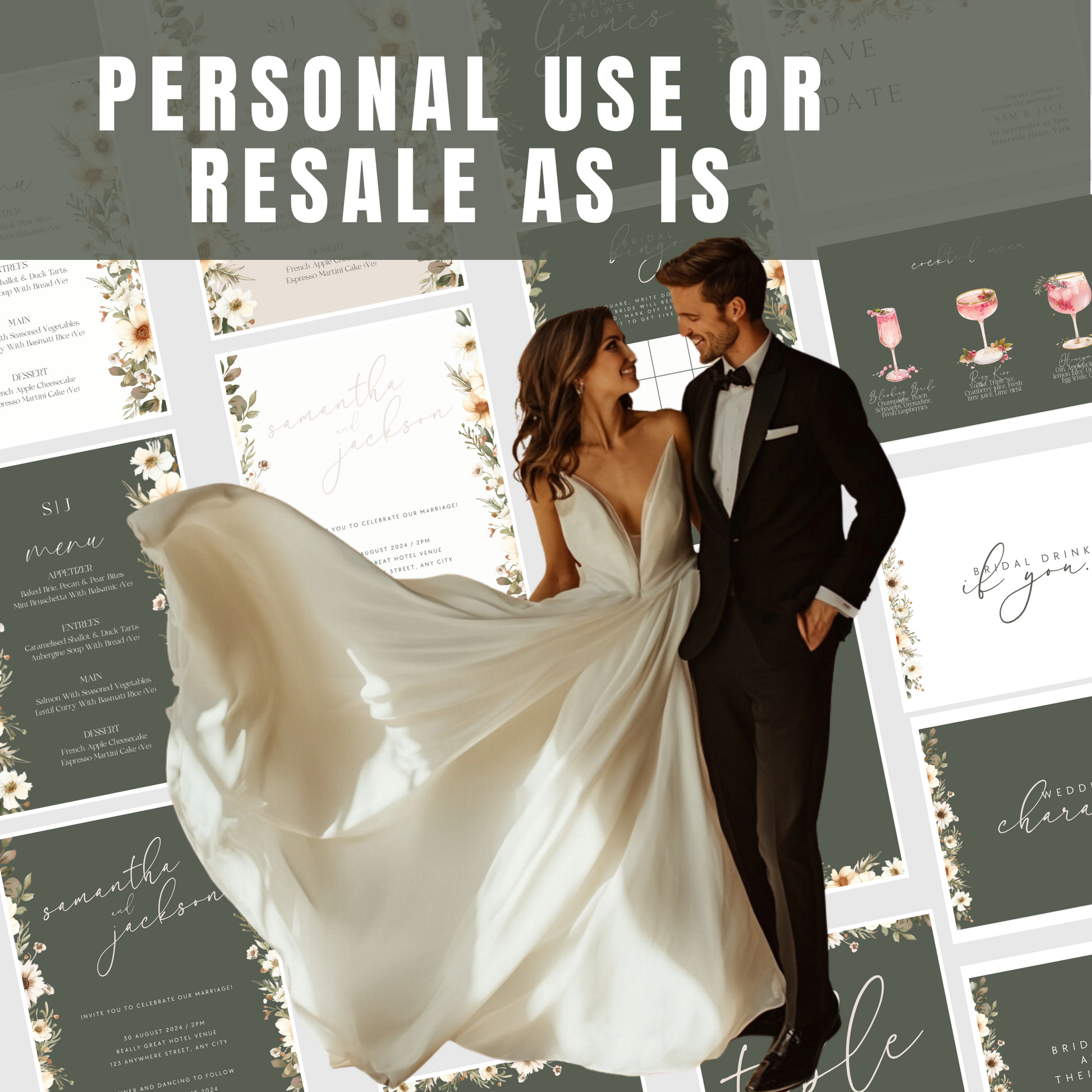 Couple in wedding attire with wedding invitations in the background www.elevatehervault.com