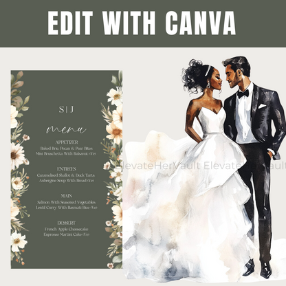 Wedding invitation card with a couple and floral design, featuring 'Edit with Canva' text.