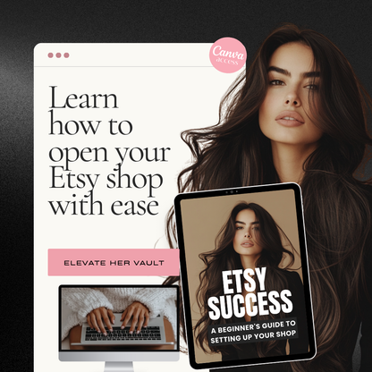 Promo Image – Learn with Ease: “Etsy Success eBook shown on tablet and computer with text ‘Learn how to open your Etsy shop with ease.’”