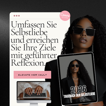 Woman holding a tablet with text and branding elements on a dark background www.elevatehervault.com