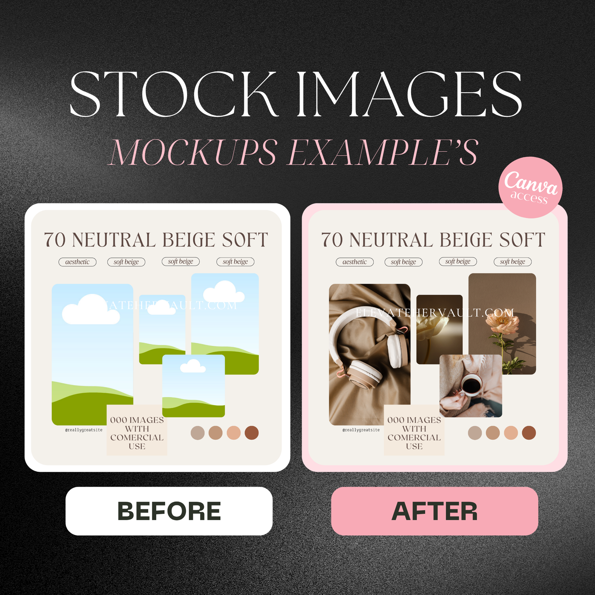 Editable Canva mockup example with customizable brand colors and instructions layout – www.elevatehervault.com