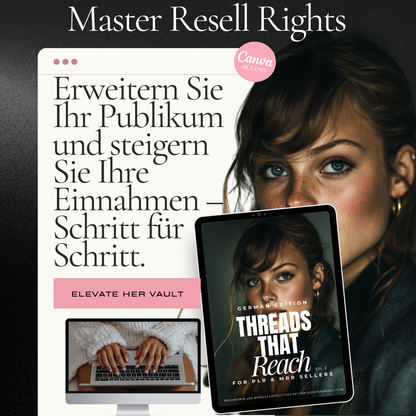 Promotional graphic for 'Threads That Reach' with text about master resell rights and Canva branding.