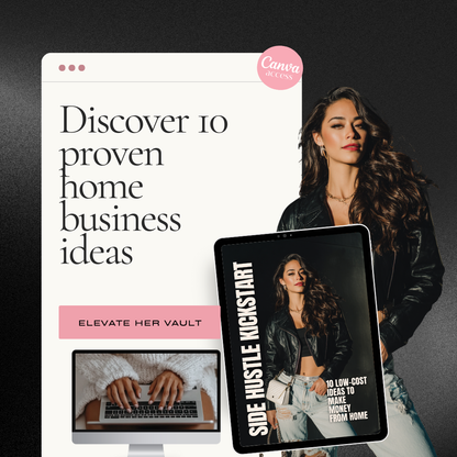 Woman holding a tablet with 'Side Hustle Kickstart' book cover and computer monitor displaying text about home business ideas.