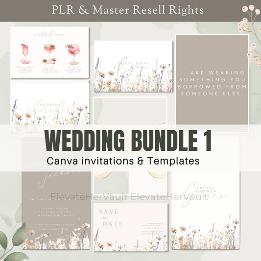 Collection of wedding invitations and templates with floral designs on a light gray background. www.elevatehervault.com