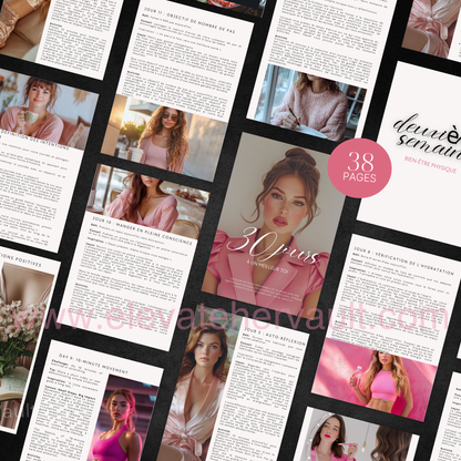 Collage of magazine pages with a woman in a pink outfit, featuring text and images.