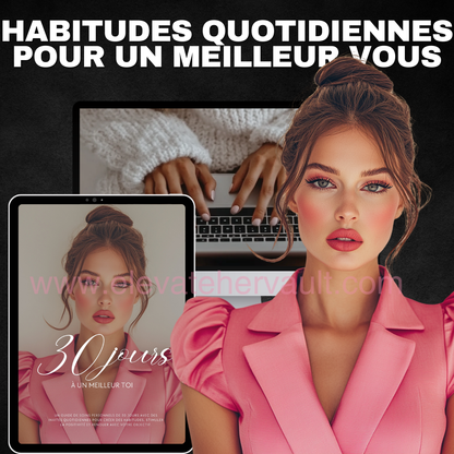 Woman in pink blazer with tablet and laptop, text about daily habits for better self-care.