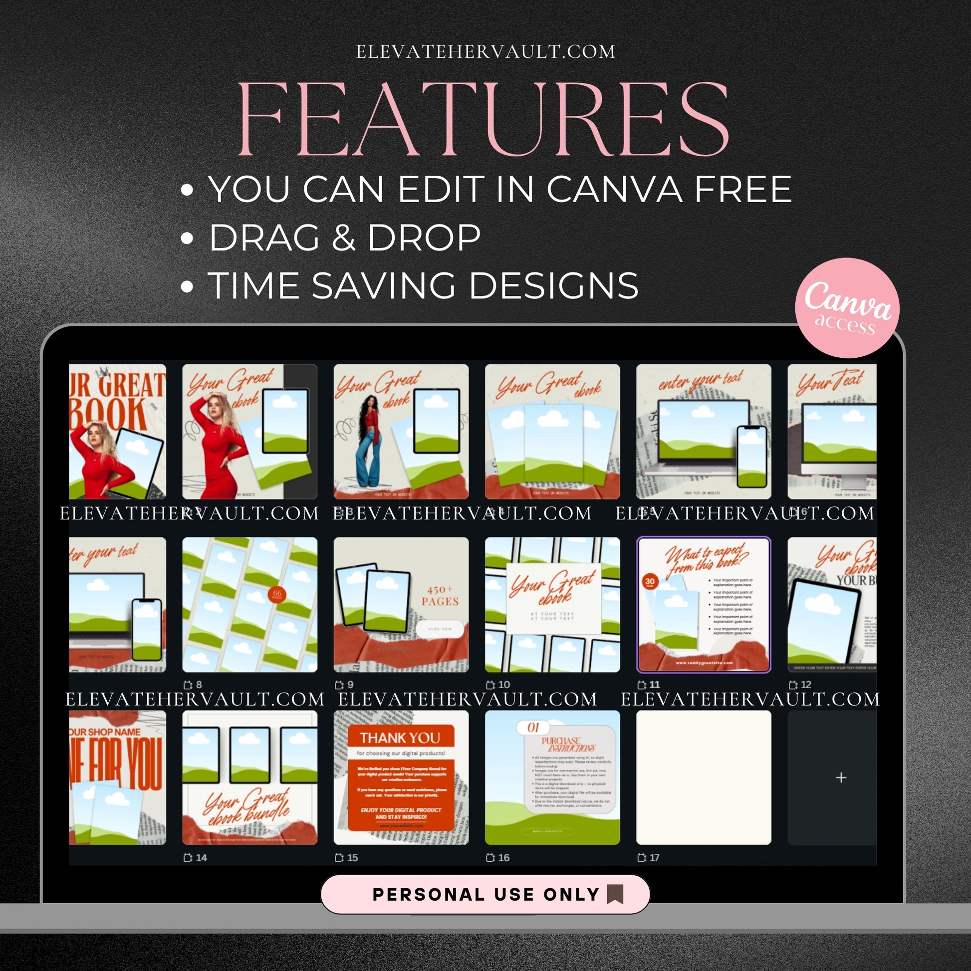 Canva Pro mockup feature highlight showing drag-and-drop design tools and editable templates. elevatehervault.com