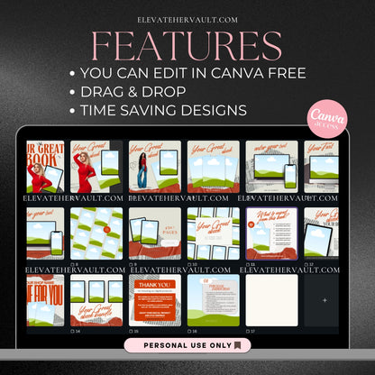 Canva Pro mockup feature highlight showing drag-and-drop design tools and editable templates. elevatehervault.com