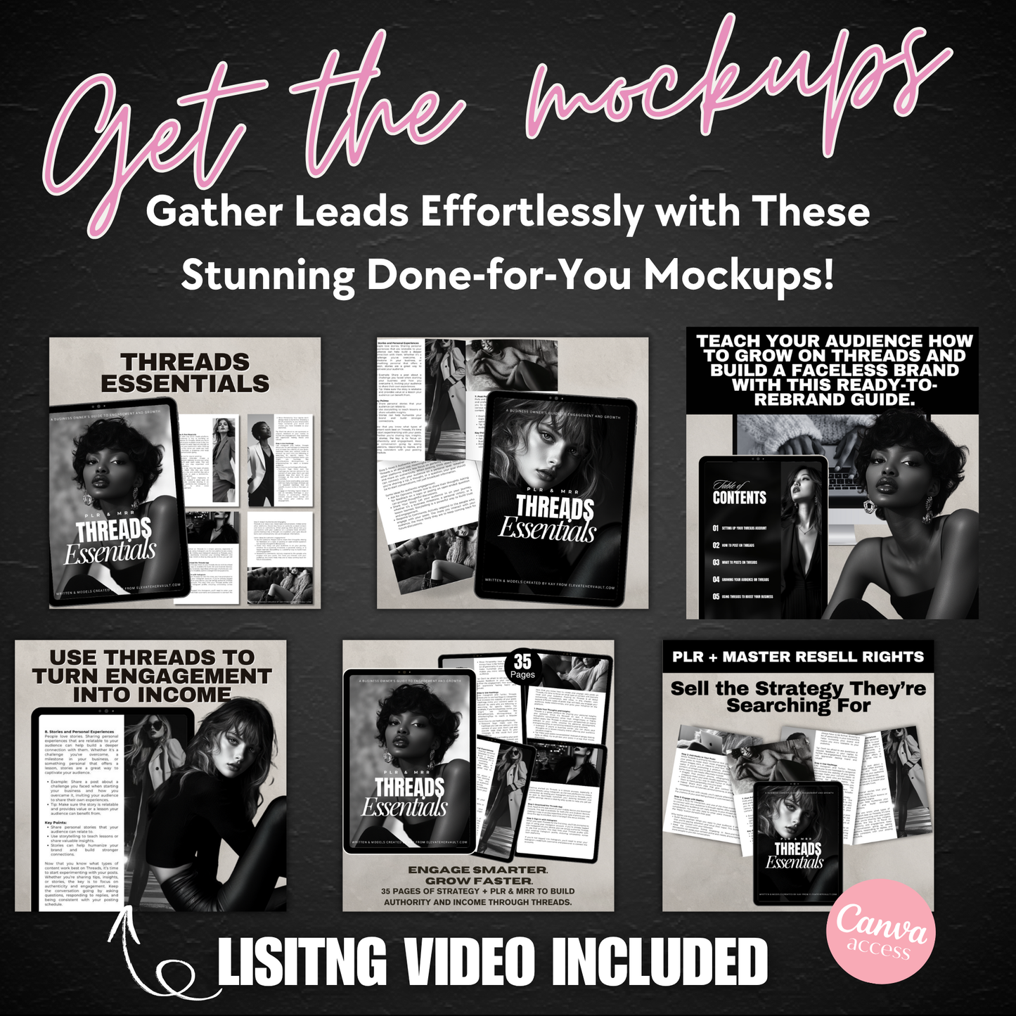 Grid of Threads Essentials marketing mockups labeled “Get the mockups” with a callout for gathering leads using done-for-you Canva templates and listing video included. www.elevatehervault.com