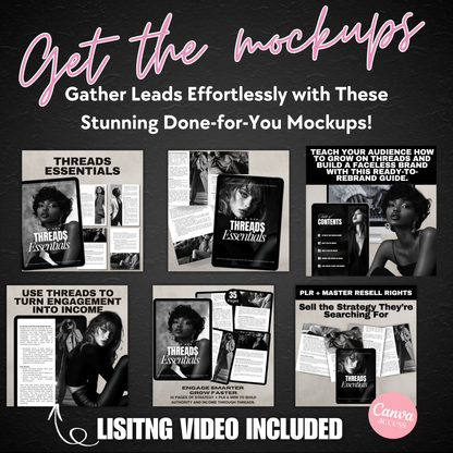 Grid of Threads Essentials marketing mockups labeled “Get the mockups” with a callout for gathering leads using done-for-you Canva templates and listing video included. www.elevatehervault.com