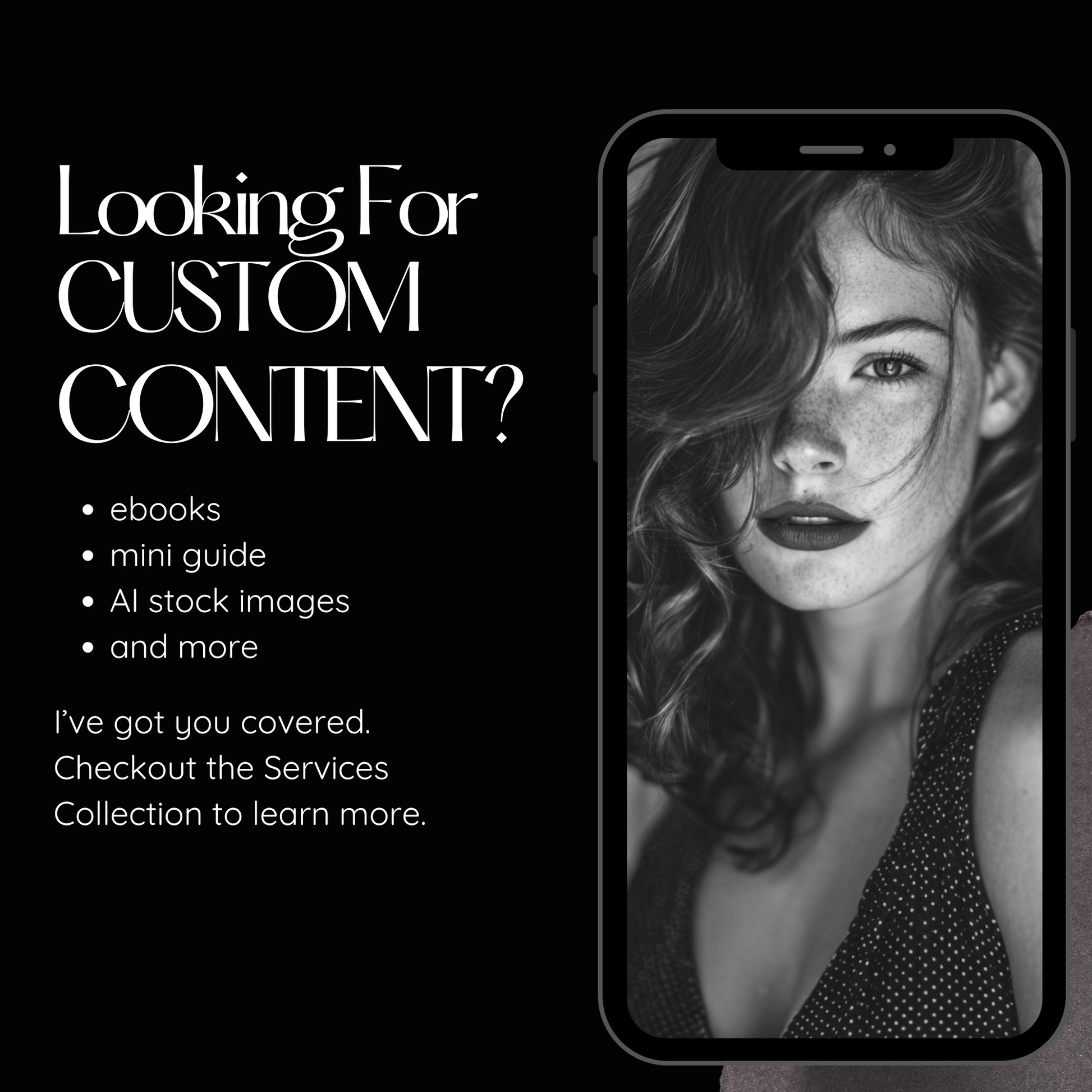 Phone displaying a woman's face with text about custom content services on a black background www.elevatehervault.com