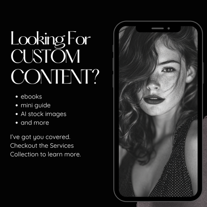 Phone displaying a woman's face with text about custom content services on a black background www.elevatehervault.com