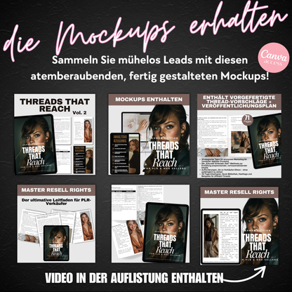 Promotional image of 'Threads That Reach' book and mockup designs on a dark background.