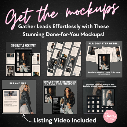 Promotional graphic for done-for-you mockups with text and images on a dark background.