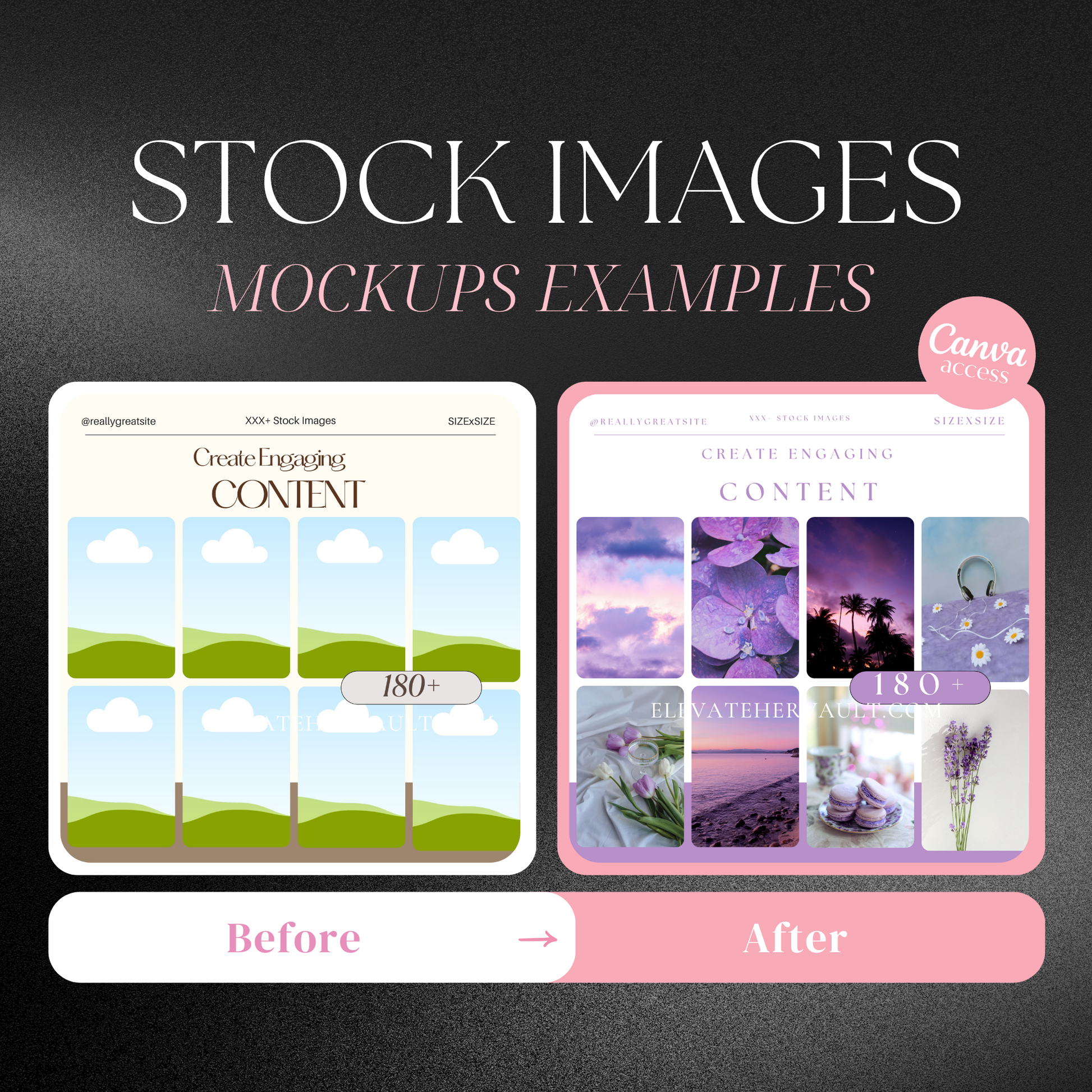 Side-by-side example of stock image mockups with minimal, feminine branding and mobile-friendly layouts. www.elevatehervault.com